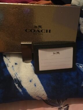 Coach Silver Metal Money Clip with Black Leather Card Holder